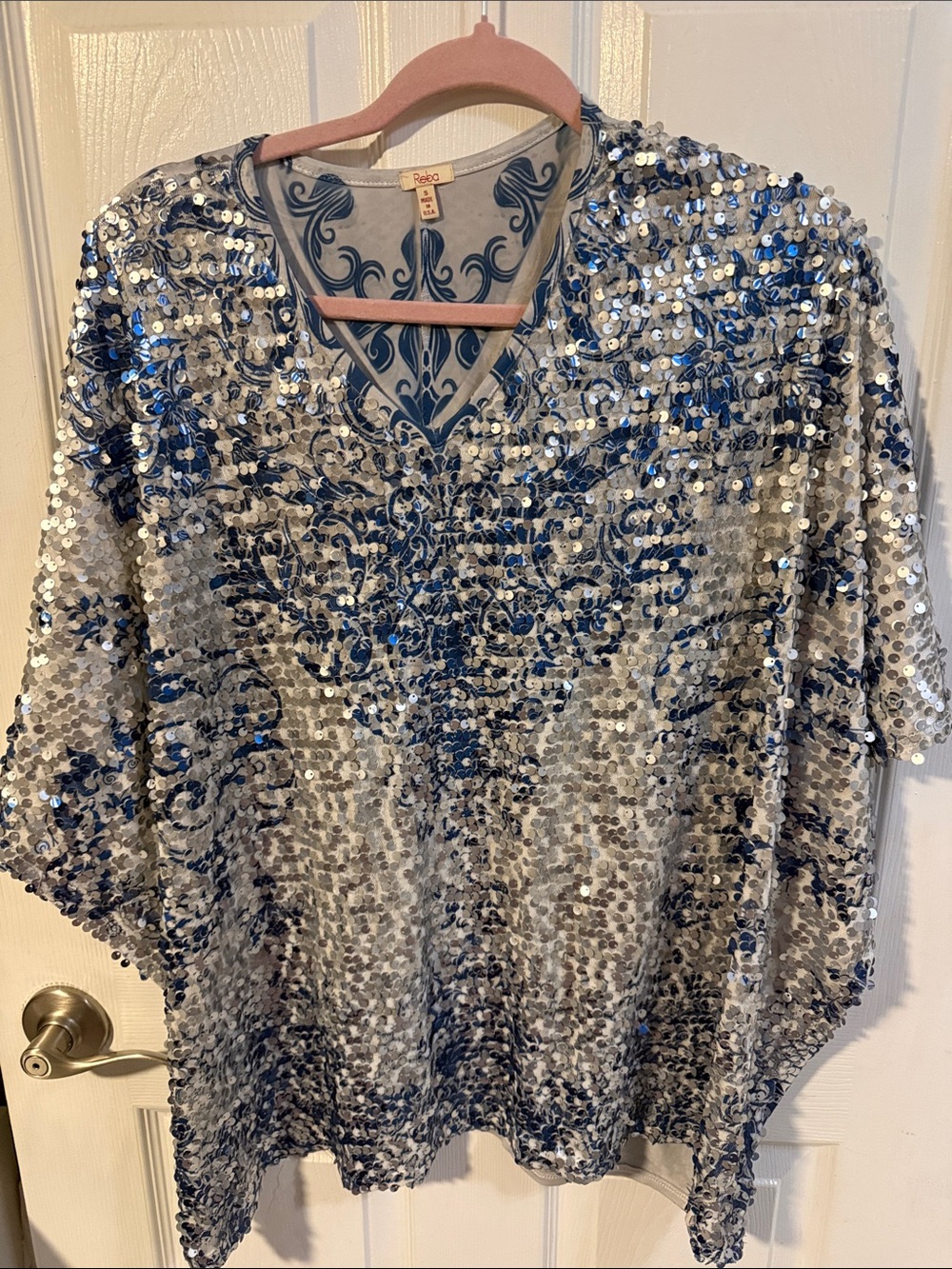 Reba Blue & Silver Sequin V-Neck Tunic Top